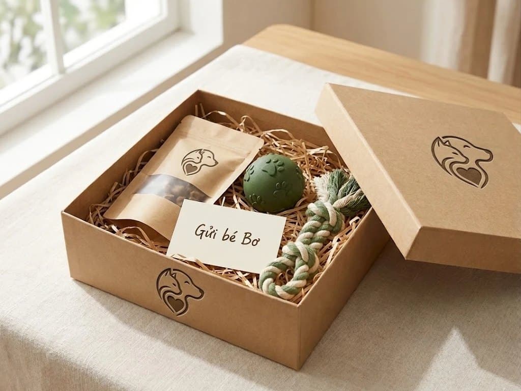 Hộp FPETS đang mở với gói snack, bóng cao su, dây thừng và thiệp gửi bé